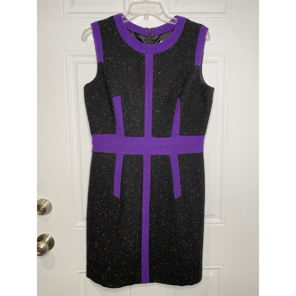 MILLY Women's Size 12 Tweed Sheath Dress Black & Purple Confetti Polka Dot
